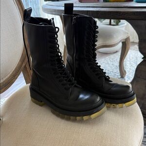 Zara Black Leather Combat Boots with Yellow Sole